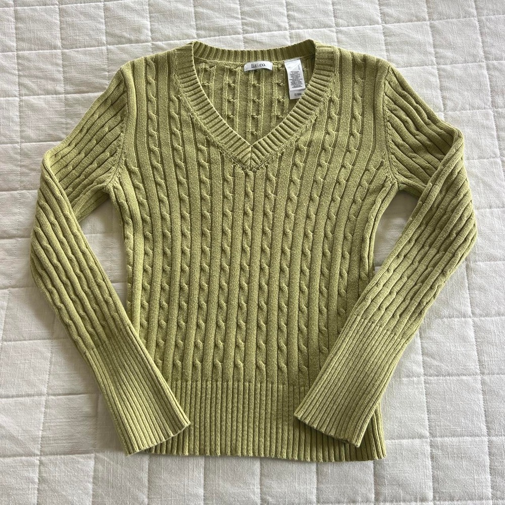Liz & Co. V-Neck Sweater Womens Large Green Cable Knit Cotton Y2K Preppy